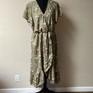 Green Floral Faux wrap Dress